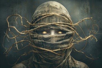 Evocative image depicting the concept of mental disorder, with a figure obscured by textured fabric and tangled twine, symbolizing the entrapment and isolation felt in depression