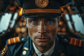 Closeup portrait of a serious airline pilot in uniform and cap, with a focused expression, inside the cockpit of an aircraft at golden hour