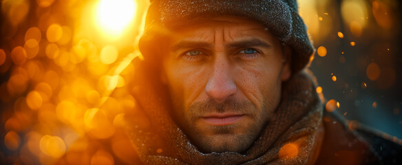 Pensive man in warm winter attire under glowing golden sunset light