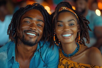 Happy couple in vibrant afrocentric attire and dreadlocks share warm smiles at a lively celebration, exuding cultural pride and joy against a blurred background of festive colors