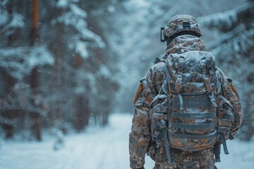 Brave soldier in camo gear battles through a snowy forest, showcasing resilience and determination in harsh conditions