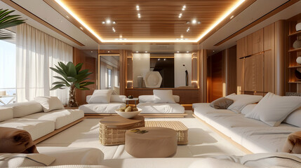 A luxury yacht interior design, large living room with modern and elegant furniture, wood details on the ceiling, white walls