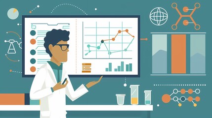 Scientist analyzing data trends on a large presentation board