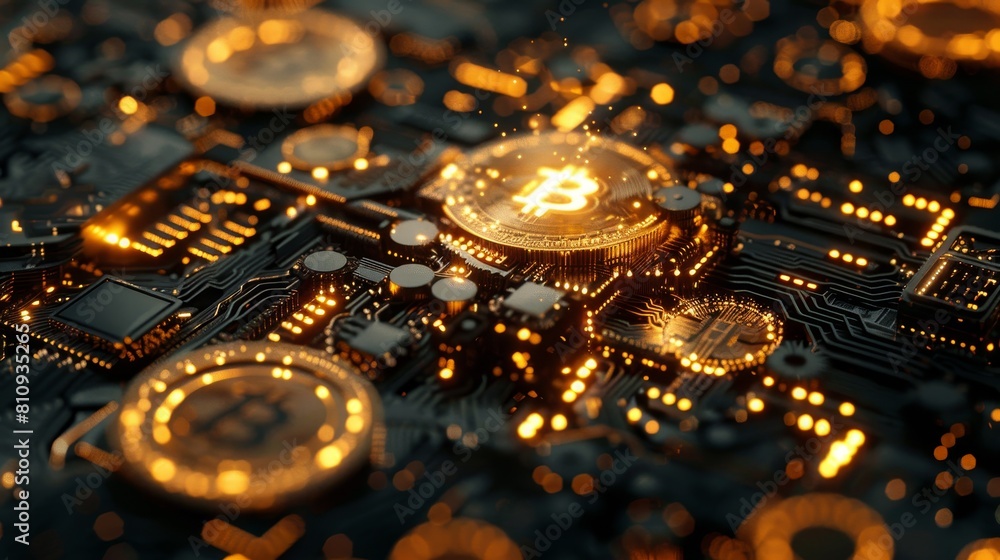 Poster a computer chip with a golden coin on it