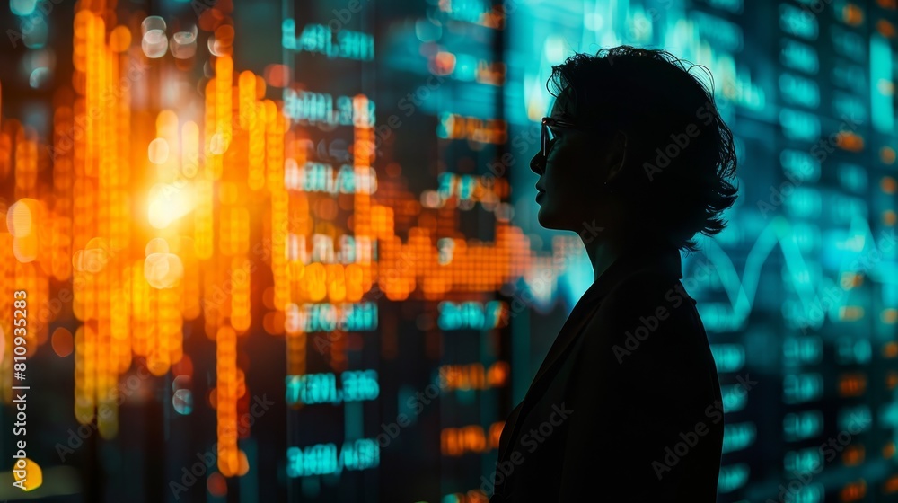 Poster a woman is looking at a computer screen with a lot of numbers and graphs