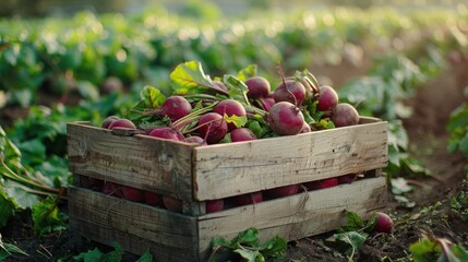 Freshly picked beetroot in a wooden box in the garden or field