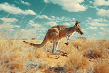 Naklejka na ściany i meble Kangaroo Standing on Dry Grass Field