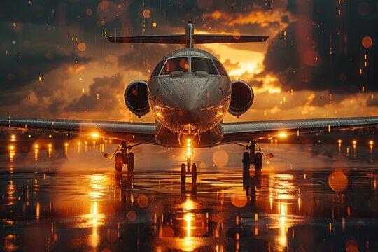 A private aircraft is parked on a wet runway at sunset