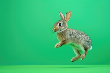 Rabbit Jumping in the Air on Green Background
