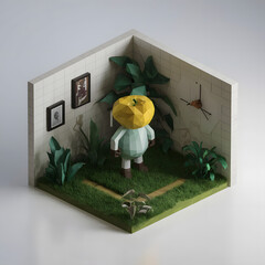 low poly 3d isometric character render with Decorated Christmas gift box and Easter egg box in a cozy home interior with open windows, framed by flowers and nature