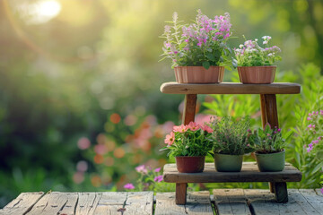 Wooden tiered gardening shelf with potted summer herbs and flowers on a summer garden background. Different plants on wooden 3 tier standing planter. Home gardening hobby concept.