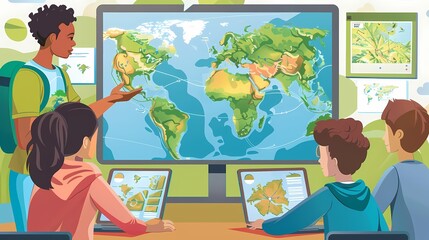 Teacher explains global geography to engaged students