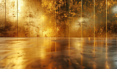 A highly reflective, golden-colored corridor with futuristic design and lighting. Generate AI