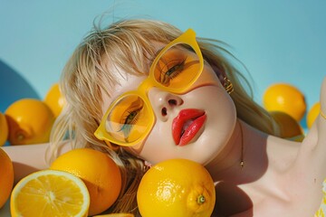 Vibrant Portrait of Woman with Yellow Sunglasses and Oranges on Blue Background
