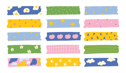 Washi tapes collection. Colourful scrapbook stripes, sticky label tags and decorative scotch strip. Border elements, paper sticker tape racy vector design