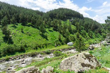 Small white church at the bottom of the canyon on the river bank. Hills and forest around. Ktsia, Avranlo, Georgia