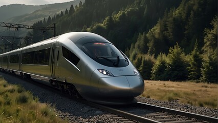 Fototapeta premium Futuristic glass high-speed train racing on railway track in modern conceptual landscape
