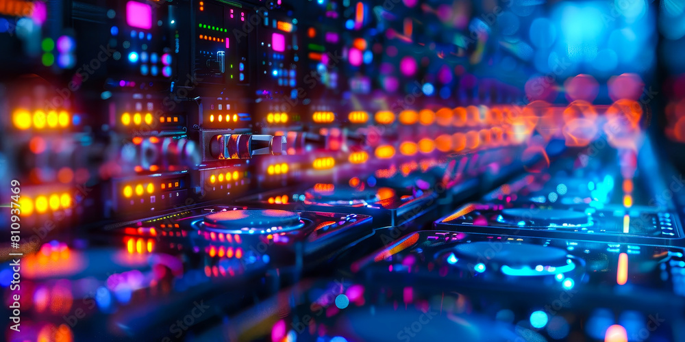 Poster vibrant data center rack units illuminated for high-performance computing at night