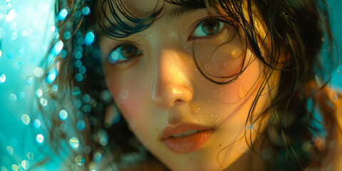 Young Japanese Woman Peering Through Raindrop-Covered Glass, Desaturated Blue Mood Lighting