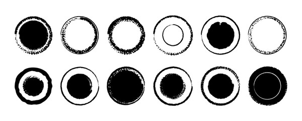 Set of black hand drawn grunge doodle charcoal, pencil, chalk  brush circle border frames. Watercolor vector illustration template borders design for website, banner, app, poster, background, card