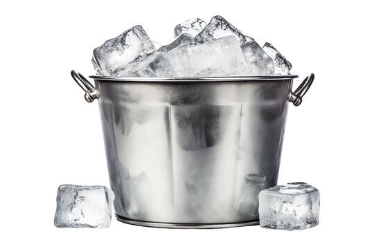 A silver bucket full of ice cubes on a black background.