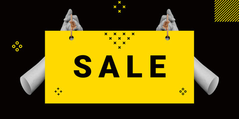 SALE, Black Friday, discounts concept. Two hands holding large yellow sign with the word SALE on a black background. Minimalist art collage