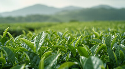 green tea leaves in the foreground