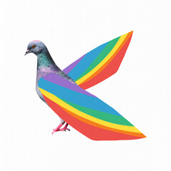 Poster. Contemporary art collage. Common pigeon with feathers colored in rainbow against white...