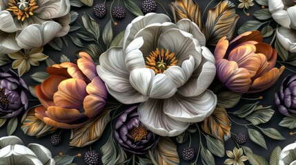 Exquisitely detailed floral illustration and blackberries. Perfect for fabric, wallpaper, and home decor.