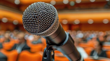 The speaker s microphone is commonly seen at educational events conference lecture halls seminar meeting rooms and in front of audiences or students in schools