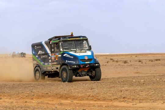 Al-Kharj, Saudi Arabia - January 10, 2023: The Tatra Jamal racing truck of Fesh Fesh Team running Stage 9 of the Dakar Rally 2023 Edition.