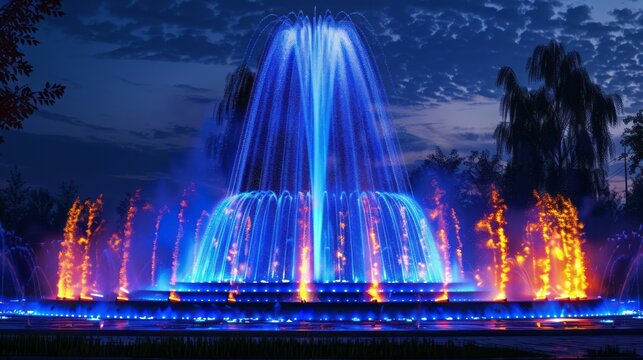 Amazing illuminated fountain with blue and orange lights at night.