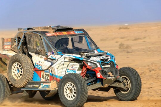 Al-Kharj, Saudi Arabia - January 10, 2023: The Can-Am Maverick XRS of Team Casteau  running Stage 9 of the Dakar Rally 2023 Edition.