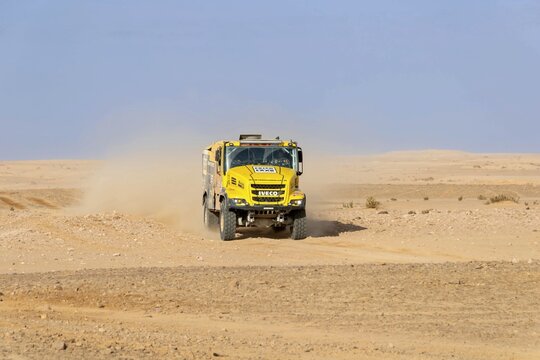 Al-Kharj, Saudi Arabia - January 10, 2023: The Iveco 4x4 DRNL racing truck of Fried Van De Laar Racing running Stage 9 of the Dakar Rally 2023 Edition.