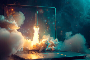 A rocket blasting off from a laptop screen is a visually stunning and evocative image that evokes feelings of excitement, possibility, and innovation