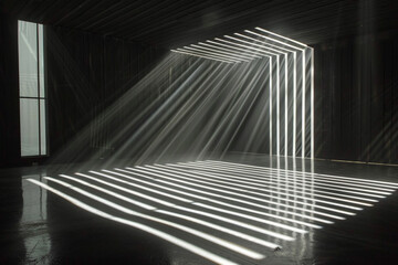 Naklejka premium A room bathed in darkness with LED strips creating patterns of light and shadow