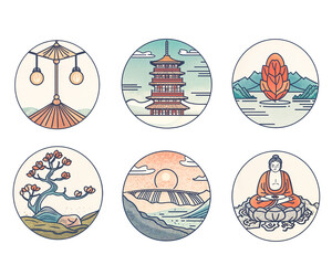 set of round icons of zen/ yoga/ meditation/ asia/ Buddhism on transparent background