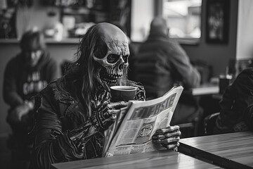 A zombie enjoying coffee and reading newspaper in a café, adding a humorous twist to everyday life.