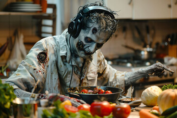 A zombie wearing headphones cooks in the kitchen, blending the undead with everyday activities.