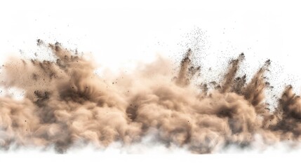 Dry Soil explosion with dirt and cloud smoke. Isolated on white background. Brown Dirty ground abstract spread with flying particles