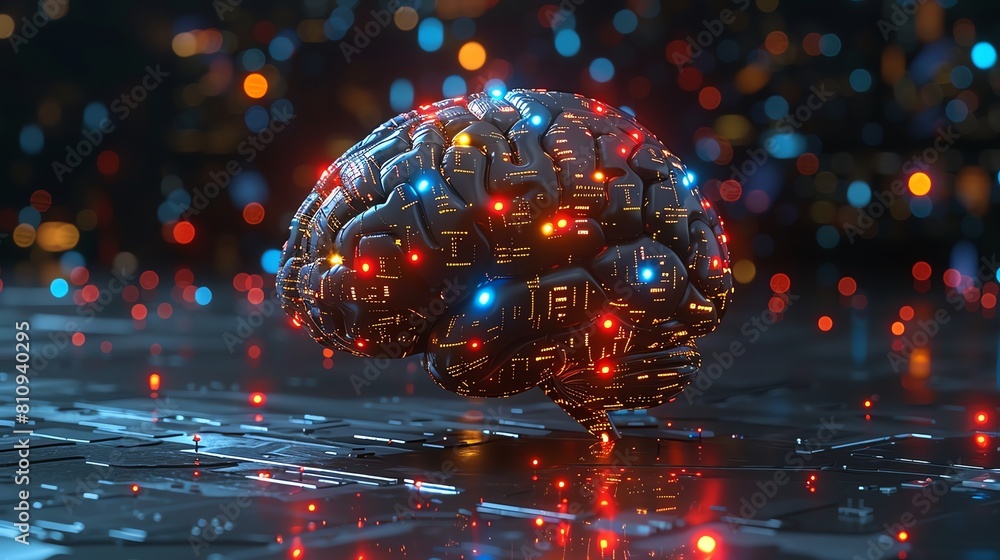 Poster a brain made of circuit boards and microchips, representing the integration of technology and human 