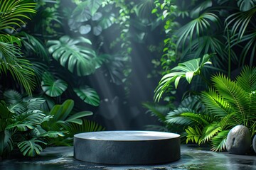 3d products display podium scene. Tropical rainforest in the background
