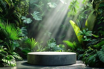 3d products display podium scene. Tropical rainforest in the background