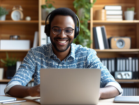 A happy African American millennial man with glasses and headphones focuses on an educational webinar, while a smiling mixed-race businessman conducts a video call with clients and partners.