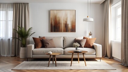 Scandinavian Modern Living Room with White Walls - Light Mockup for Canvas Art with Brown Accents