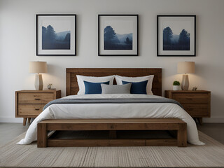 Rustic wooden bed with blue pillows and two bedside cabinets against white wall with three posters frames. Farmhouse interior design of modern bedroom
