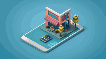 Isometric shop house on the mobile phone concept Vector