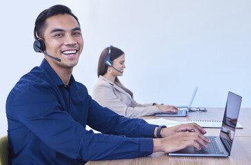 Contact us, portrait or businessman on laptop in call center office for b2b, consulting or...