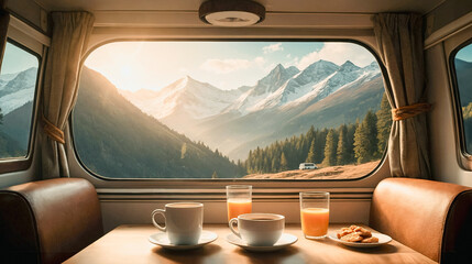 Scenic mountains view from inside a camper van, motorhome or RV. Drinking coffee inside camper van. Freedom, wanderlust and travel