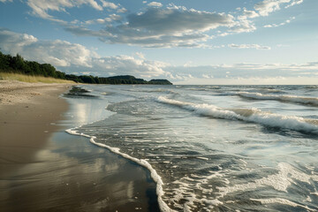 Fototapeta premium A serene beach with soft waves lapping at the shore